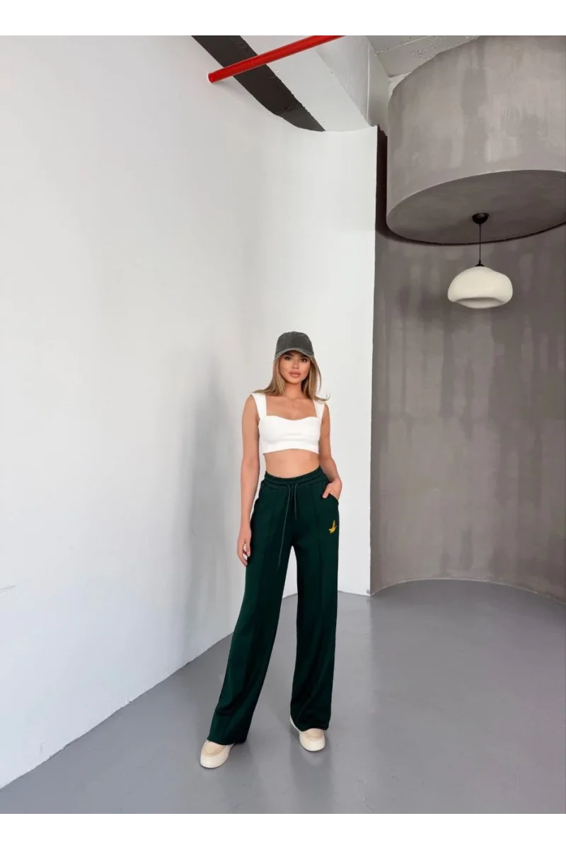 Osy Modal Yumuşak Dokulu Kumaş Nakış işlemeli Rahat Bol Paça Eşofman Pantalon - Yeşil