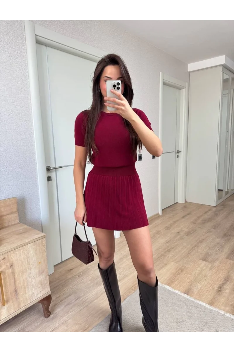 Kısa Kollu Bluz Mini Etekli ikili Takım Triko - Bordo