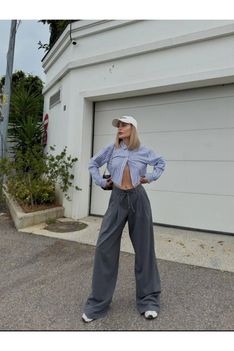 Bağcıklı Palazzo Bol Paça Pantolon - Gri