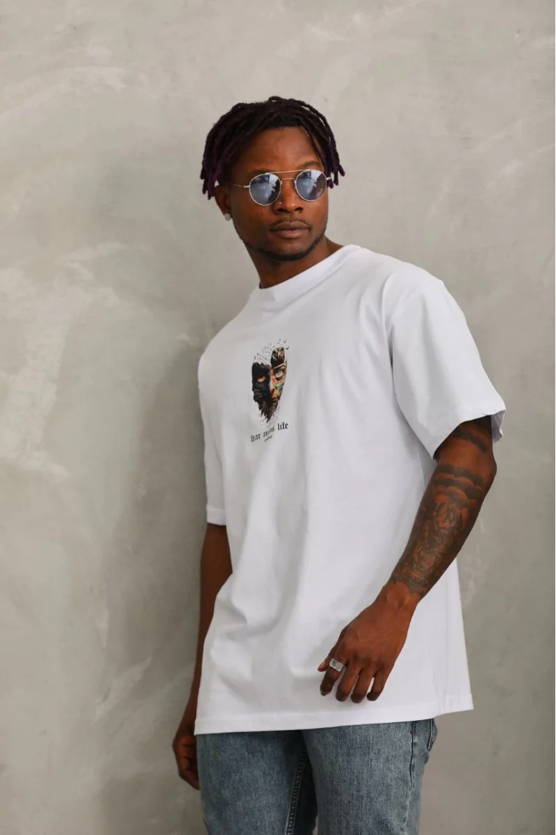 Unisex Oversize Baskılı Bisiklet Yaka T-Shirt -Beyaz