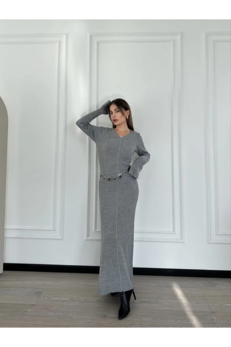 V Yaka Fitilli Uzun Elbise- Gri