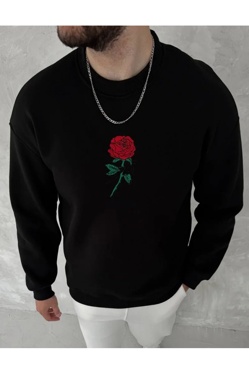 Gül Nakışlı Siyah Sweatshirt