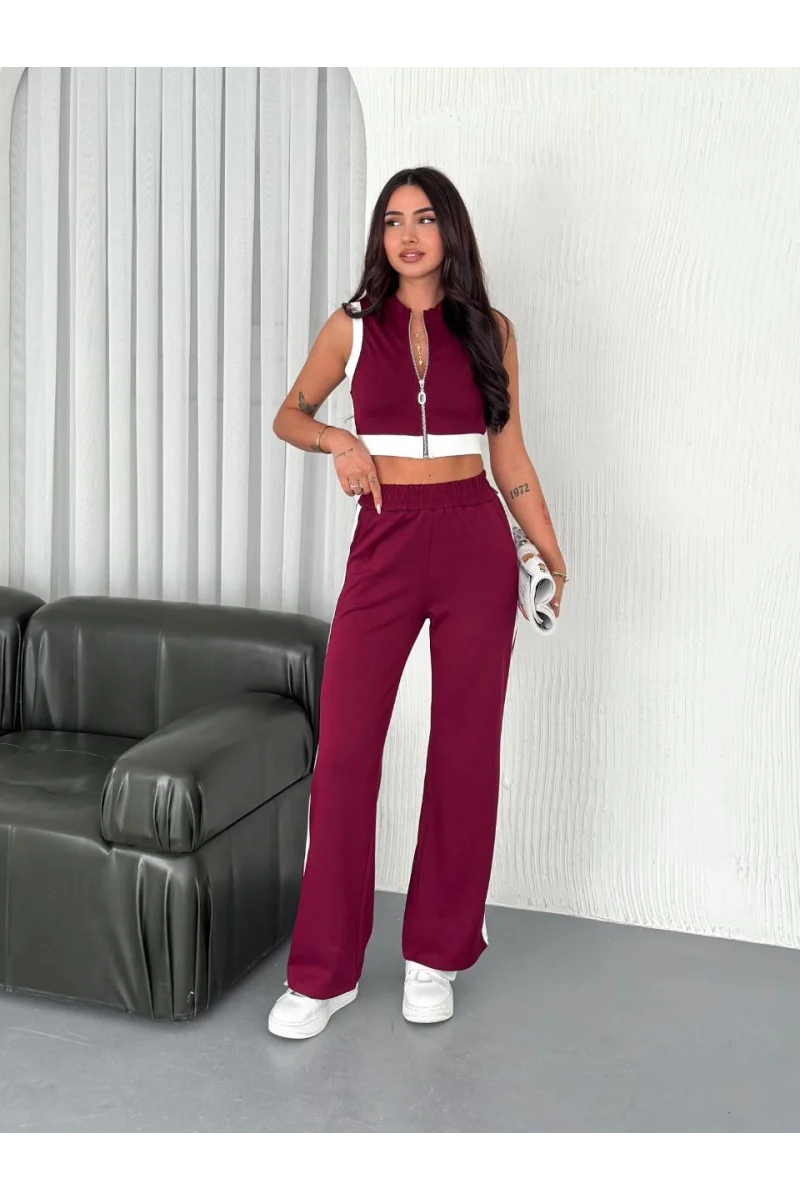 Yumuşak Dokulu Kumaş Tam Fermuarlı Crop Pantalon İkili Takım - Bordo