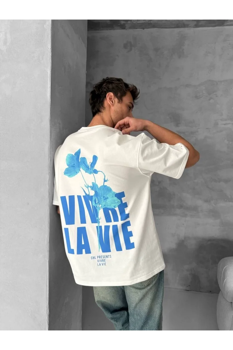 Ön ve Arka Baskılı Oversize Bisiklet Yaka T-shirt - Beyaz