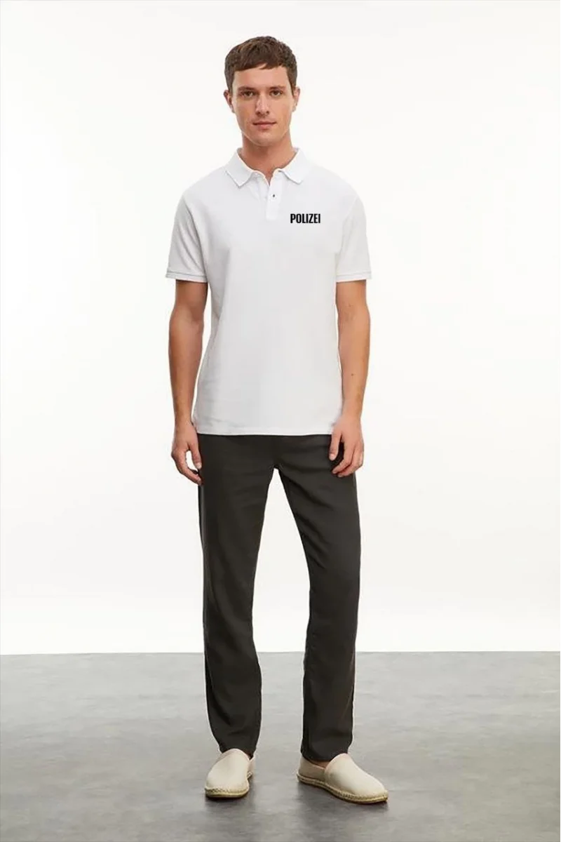 Yakası Düğmeli Yakalı Pike Baskılı T-Shirt / Beyaz 