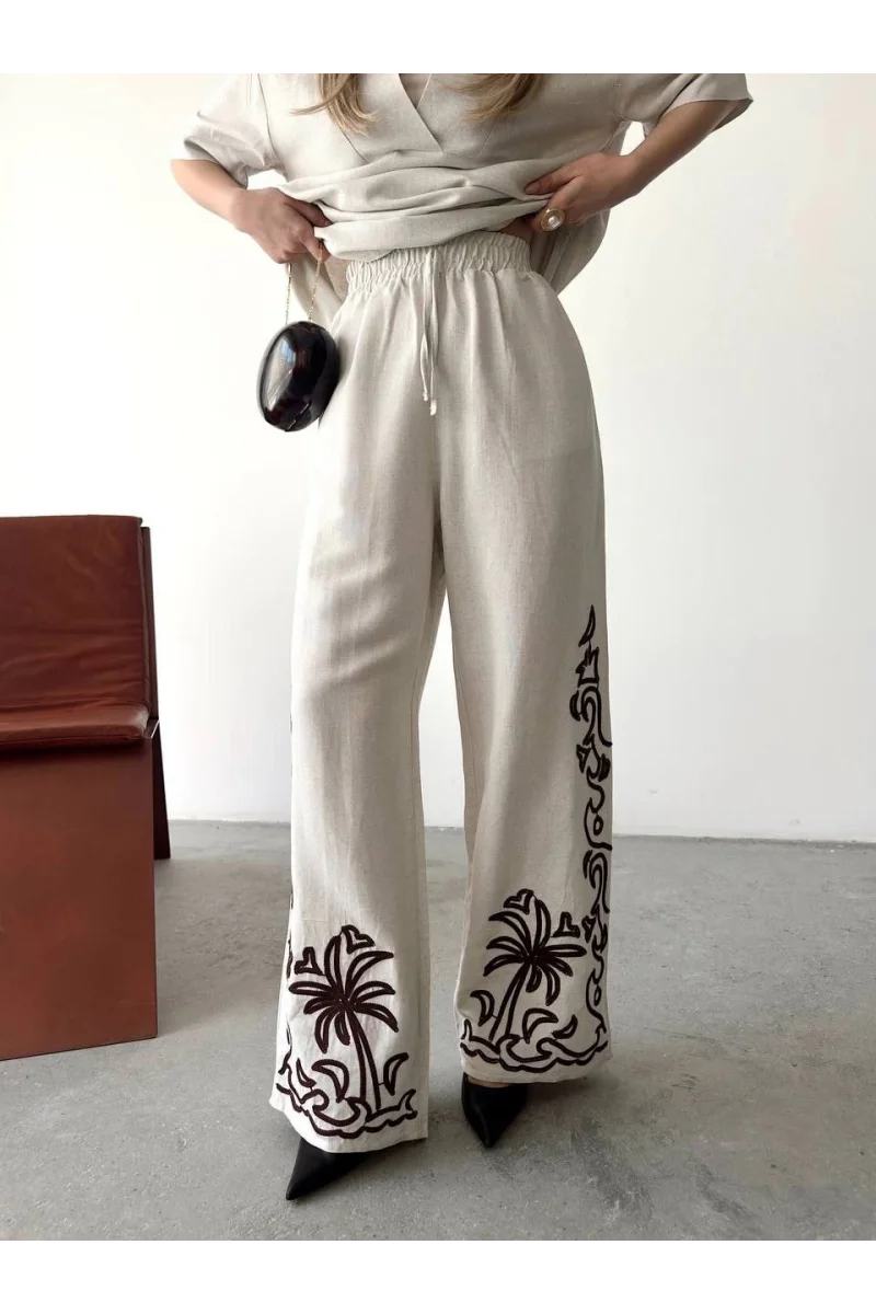 Keten Kısa kolu V Yaka Bluz Pantolon ikili Takım- Beyaz