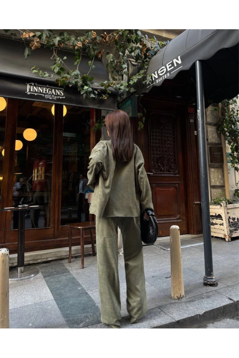 Süet Gömlek Palazzo Pantolon İkili Takım - Haki