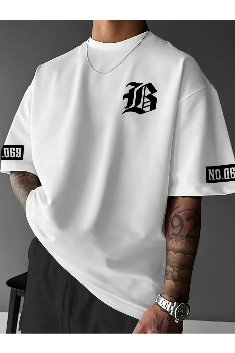 LB Ön Arka Baskılı Oversize Bisiklet Yaka Yazlık T-shirt - Beyaz