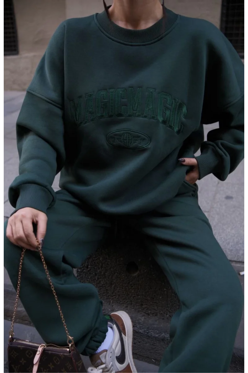 Bisiklet Yaka Nakış İşlemeli Üç İplik Sweat Takım - Yeşil