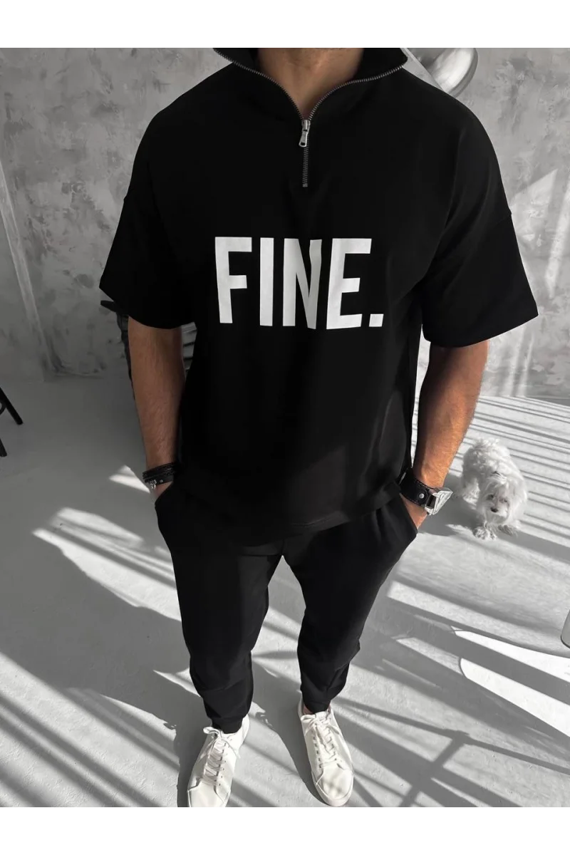 Unisex Baskılı Yarım Fermuarlı T-Shirt