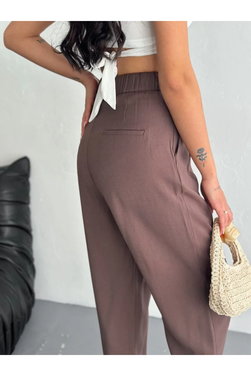 Kadın Yüksel Bel Rahat Boru Paça Pantalon - Kahverengi