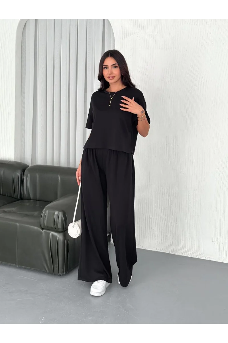 Yumuşak Dokulu Kumaş Bisiklet Yaka T-shirt Bol paça Pantalon ikili Takım -Antrasit