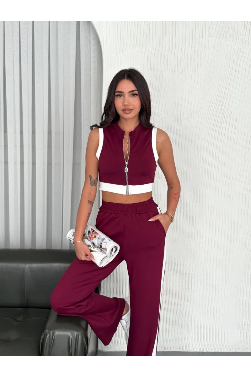 Yumuşak Dokulu Kumaş Tam Fermuarlı Crop Pantalon İkili Takım - Bordo