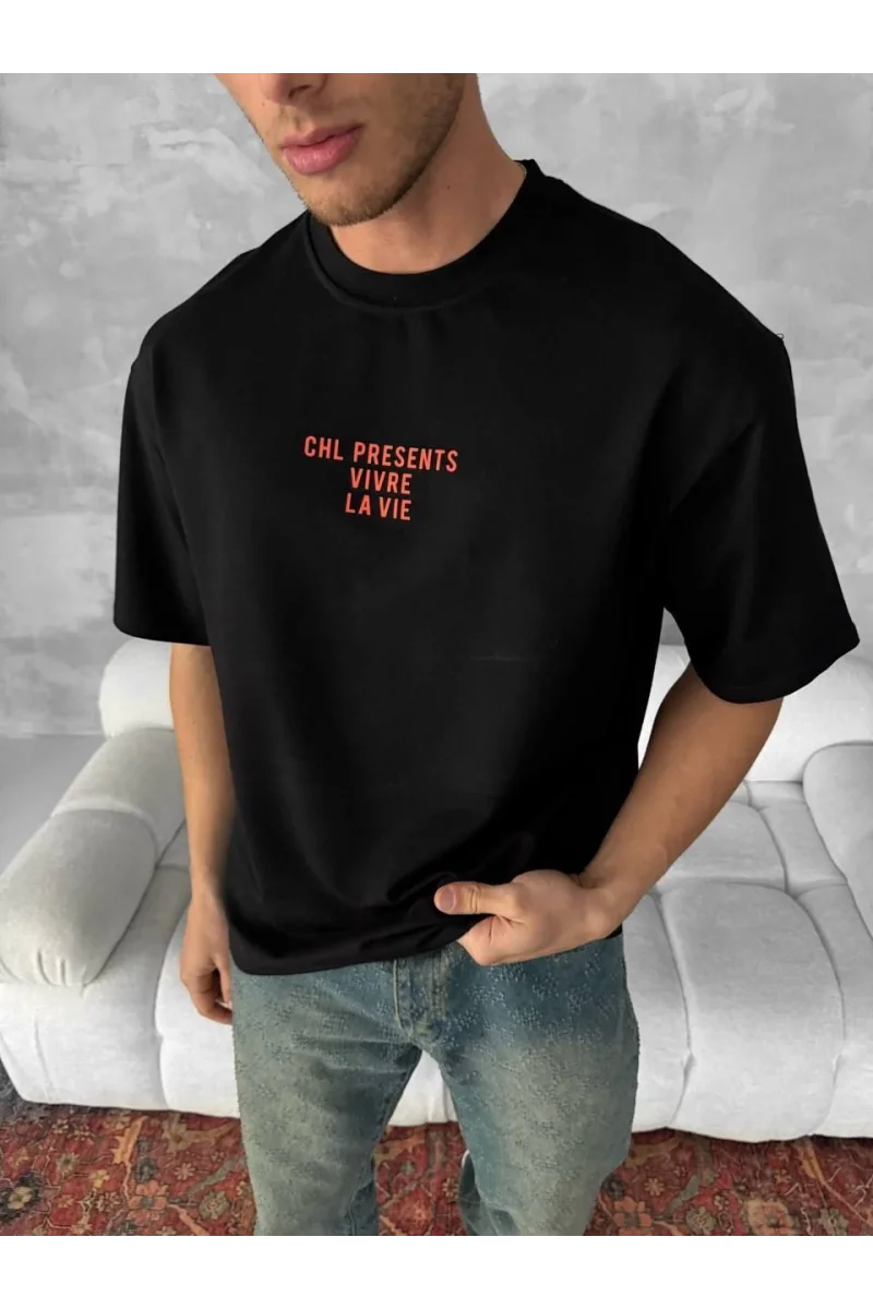 Ön ve Arka Baskılı Oversize Bisiklet Yaka T-shirt - siyah 