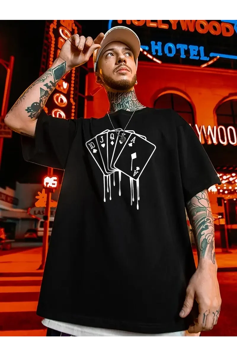 erkek büyük beden Kart baskılı düz renk kısa kollu bisiklet yaka tişört gündelik giyim