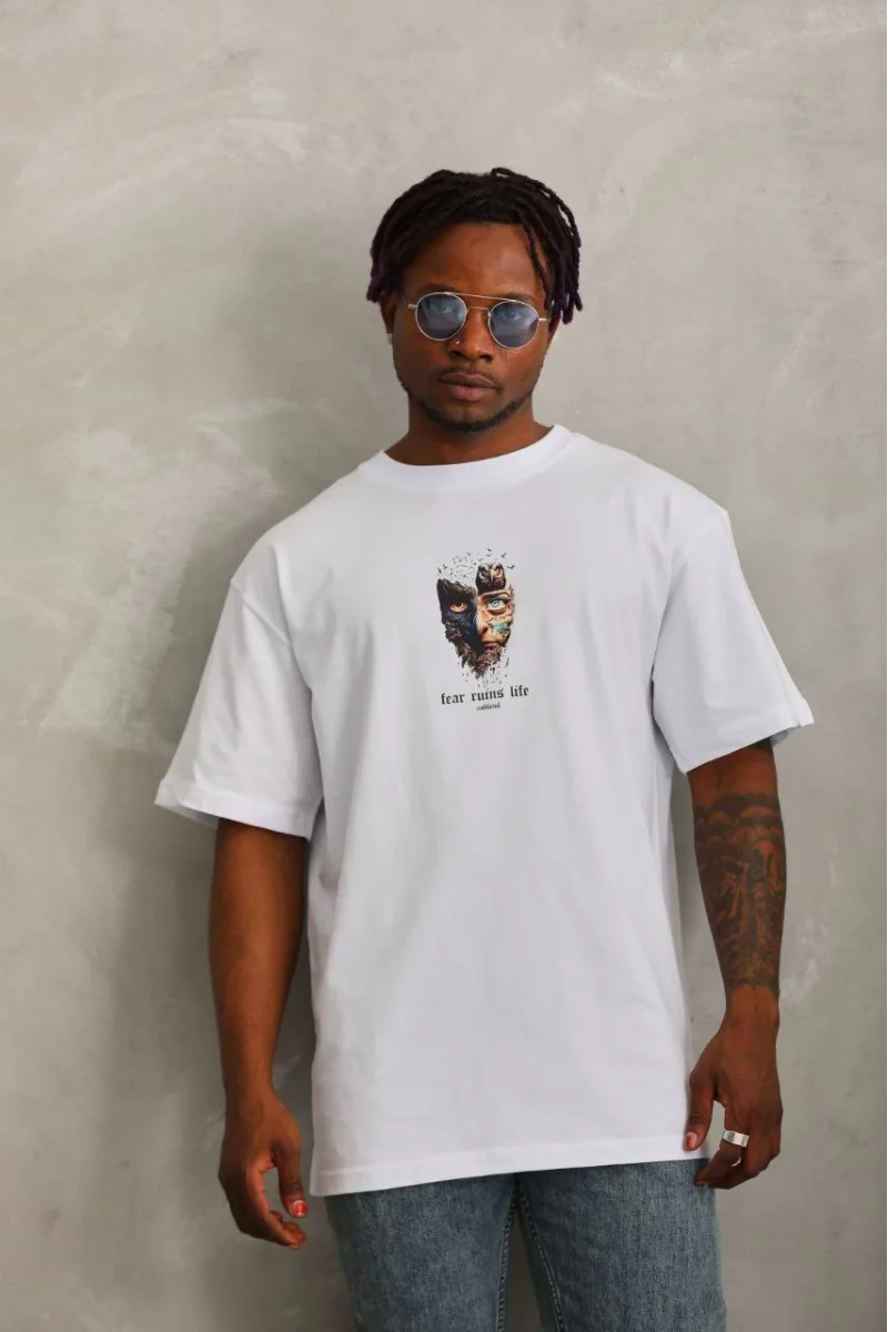 Unisex Oversize Baskılı Bisiklet Yaka T-Shirt -Beyaz