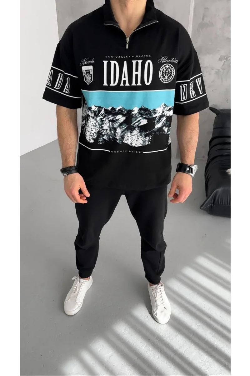 Unisex Baskılı Yarım Fermuarlı T-Shirt