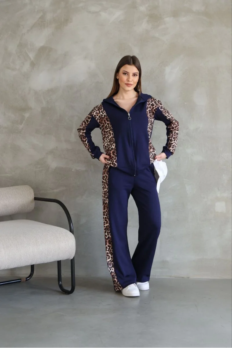 Osy Modal Yumuşak Dokulu Kumaş Kapüşonlu Leopar Desenli Fermuarlı Takım