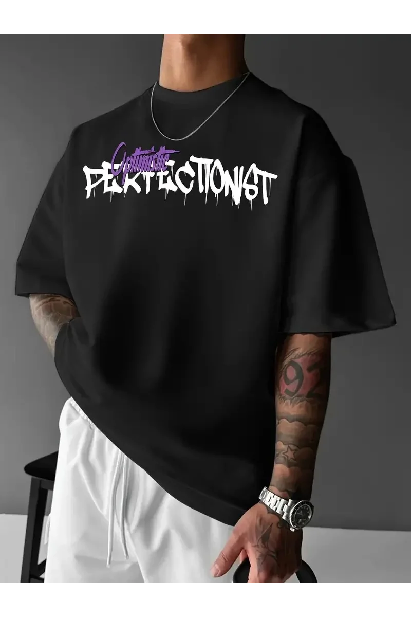 Erkek OversizeGrafik Tişört - Siyah