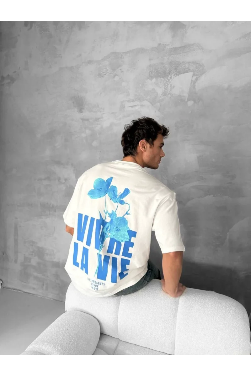 Ön ve Arka Baskılı Oversize Bisiklet Yaka T-shirt - Beyaz