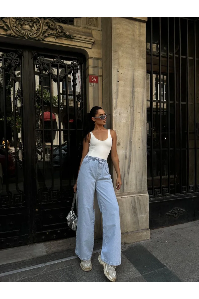 Kadın Arkadan Yırtmaçlı Jeans Kot Palazzo Pantolon - Mavi