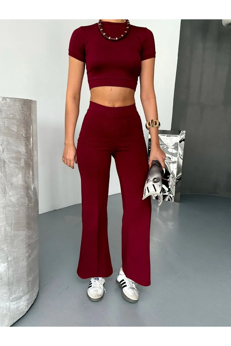 Yumuşak Dokulu Kumaş Kısa Kollu Crop Alt ispanyol Paça Pantalon ikili Takım - Bordo