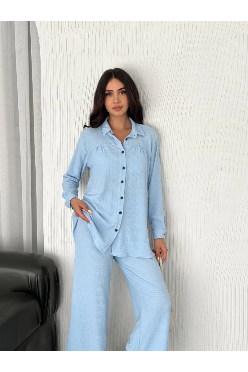 Yakalı Düğmeli Uzun Kollu Gömlek Pantolon ikili Takım - Bebek Mavisi