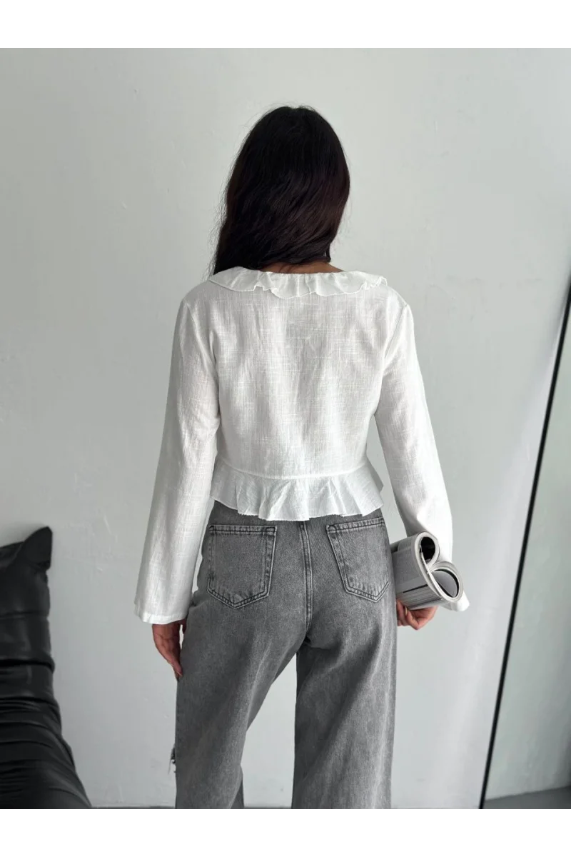 Keten Uzun Kol Bağacık Detaylı Bluz - Beyaz