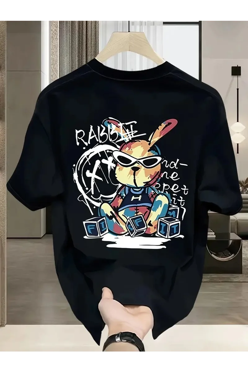 Güneş Gözlüğü Grafikli Karikatür Tavşan Oversize Kısa Kollu Tişört - Siyah
