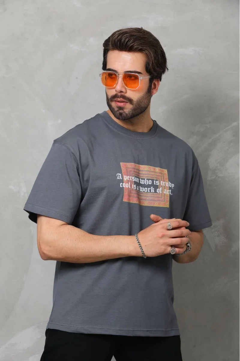 Unisex Bisiklet Yaka Baskılı Oversize T-Shirt -Füme