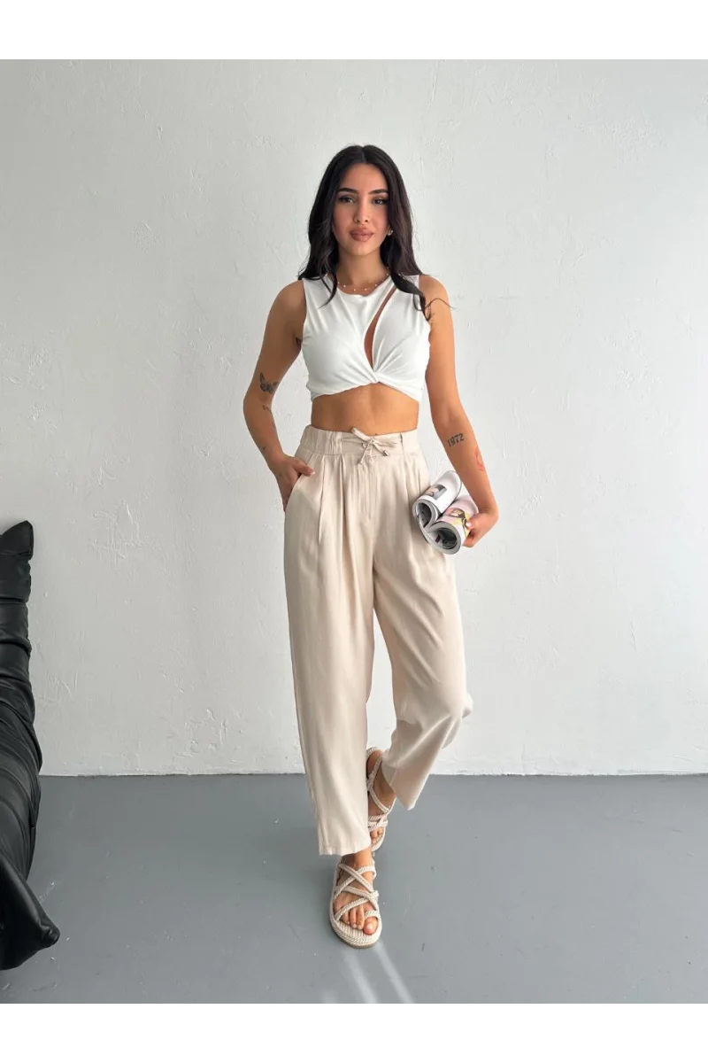 Kadın Yüksel Bel Beli Bağcıklı Rahat Boru Paça Pantalon - Kırık Beyaz