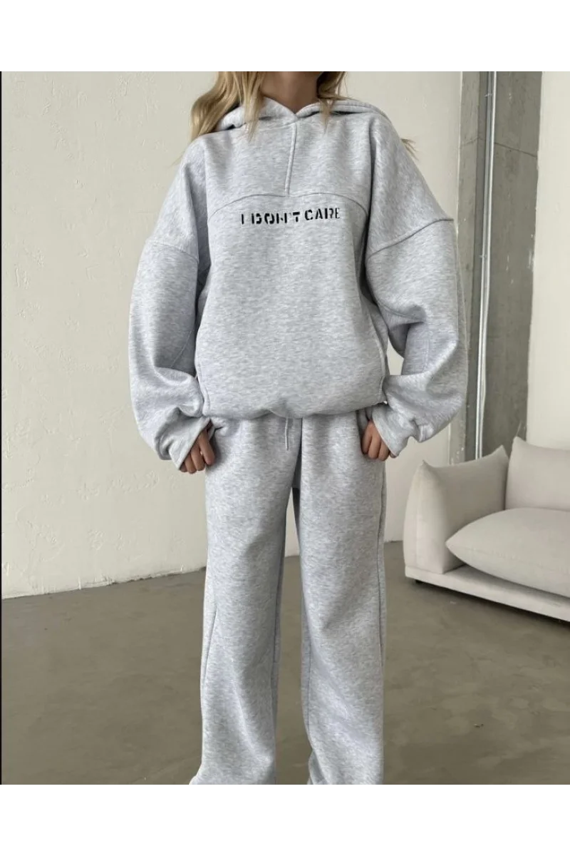 Nakış İşlemeli Üç İplik Sweat Takım- Gri