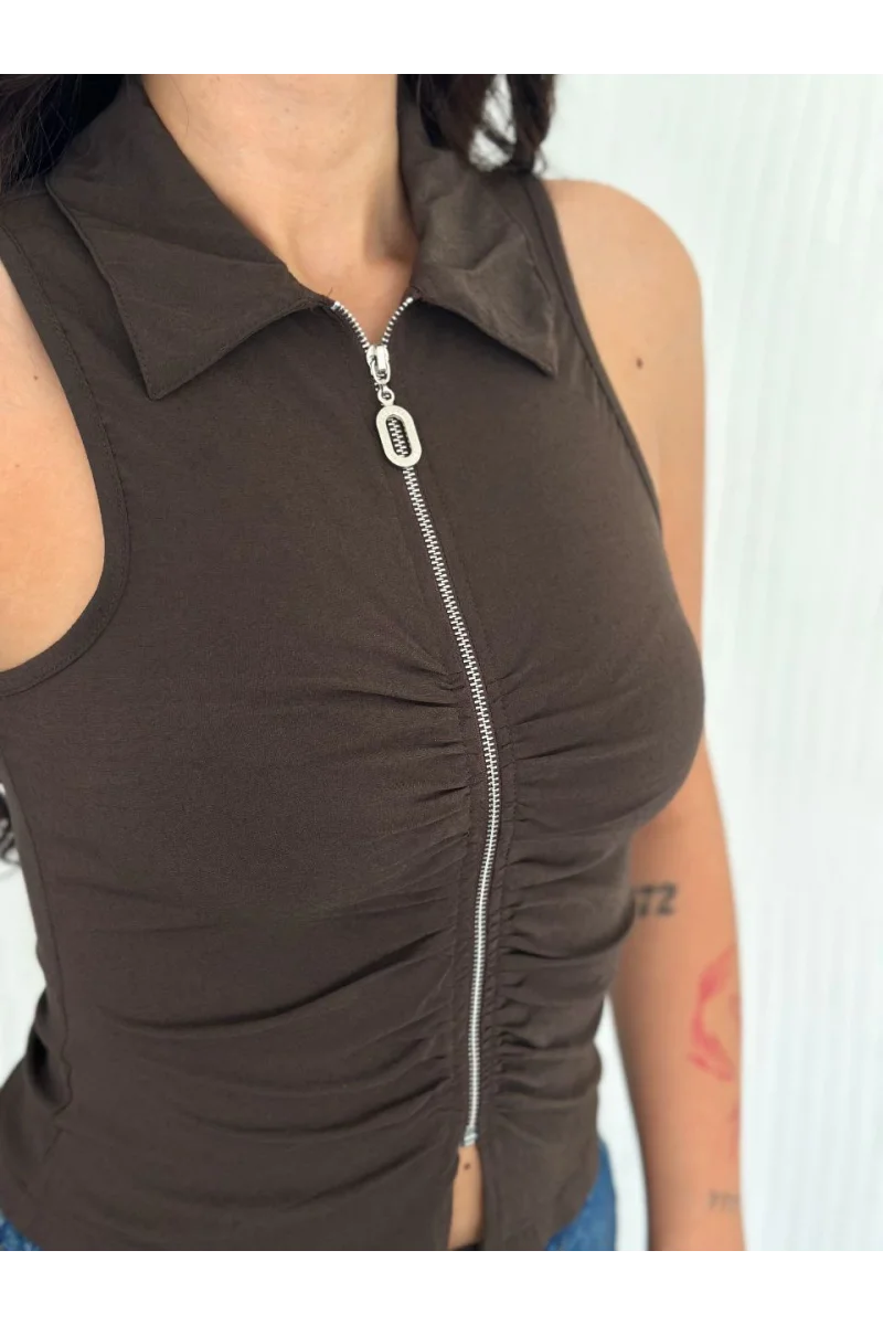 Fermuarlı Kahverengi Kadın Bluz