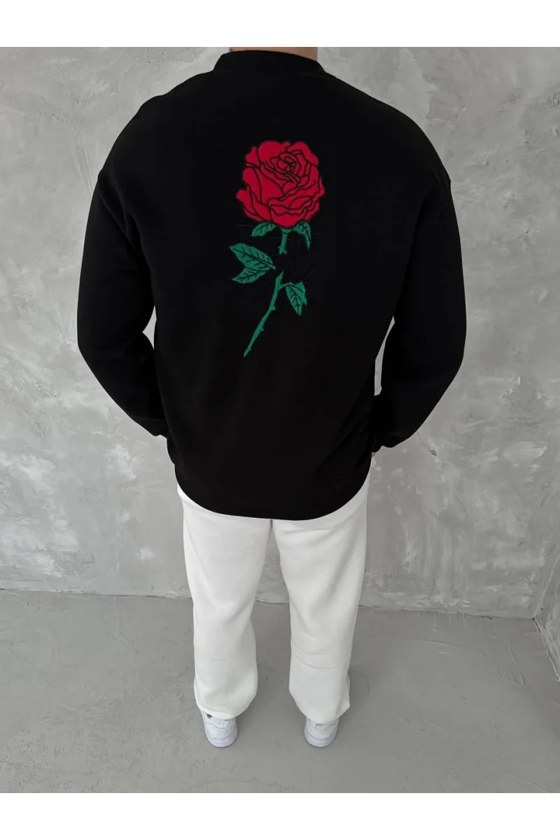 Gül Nakışlı Siyah Sweatshirt