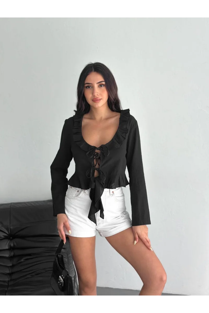 Keten Uzun Kol Bağacık Detaylı Bluz - Siyah