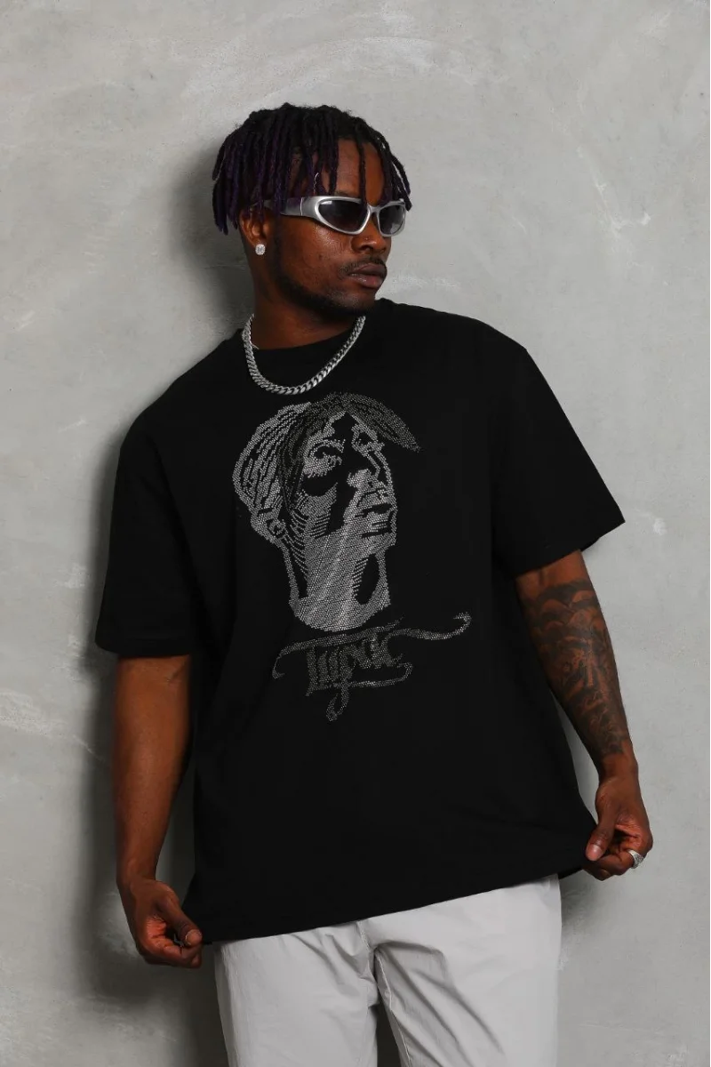 Unisex Oversize Taşlı Bisiklet Yaka T-Shirt