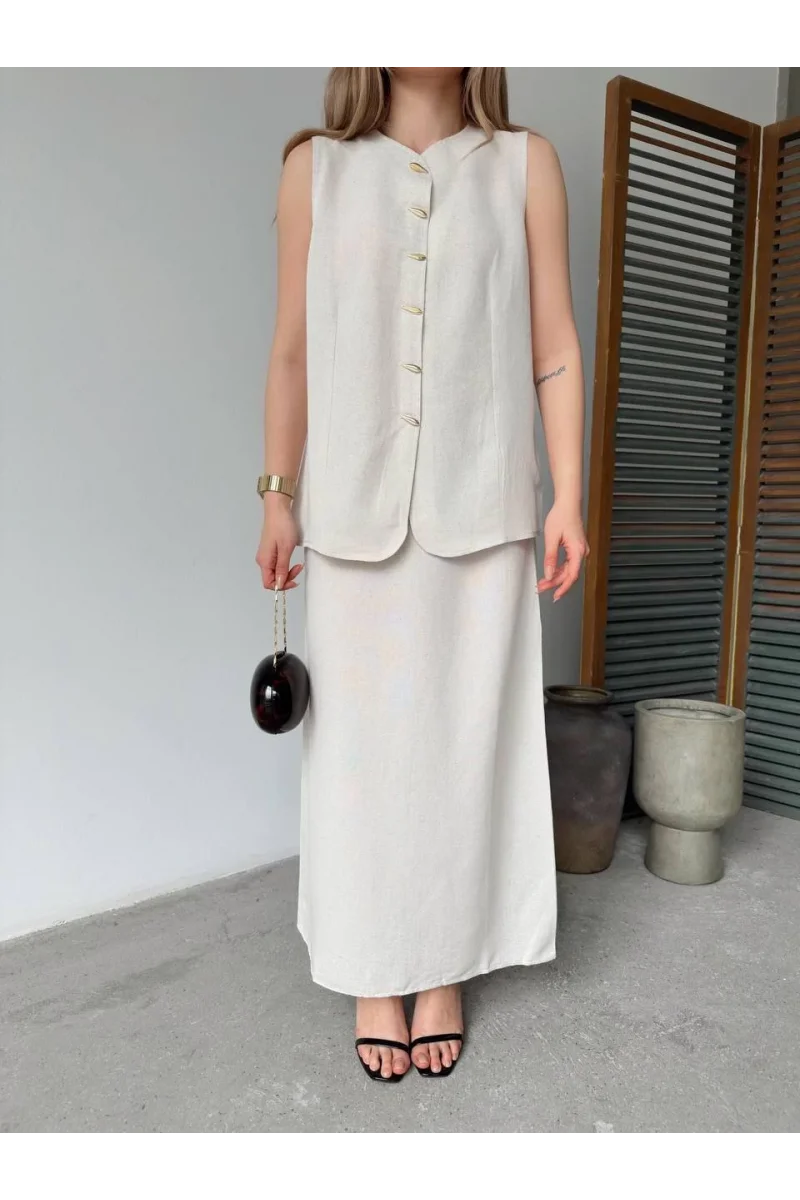 Keten Kolsuz Sıfır Yaka İlik Düğmeli Kolsuz Hırka Etek ikili Takım- Beyaz