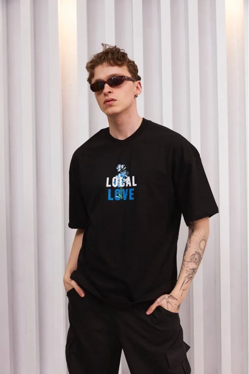 Unisex Bisiklet Yaka Baskılı Oversize T-Shirt