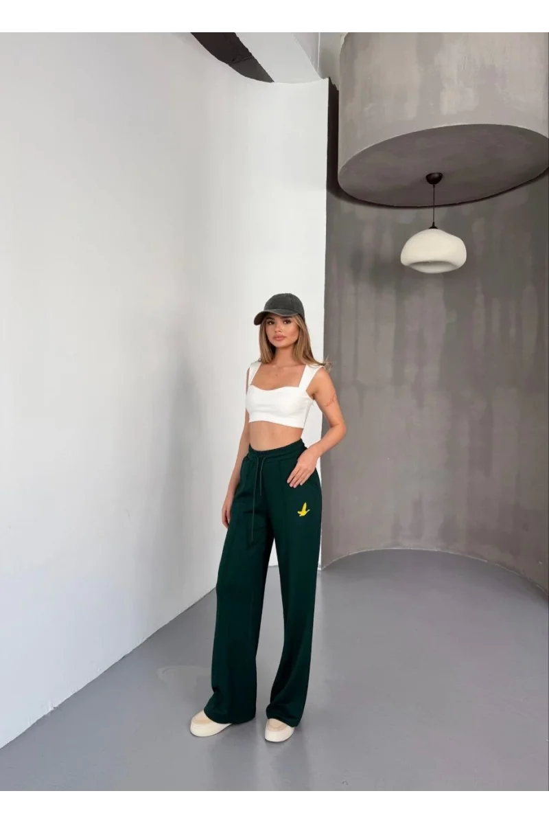 Osy Modal Yumuşak Dokulu Kumaş Nakış işlemeli Rahat Bol Paça Eşofman Pantalon - Yeşil