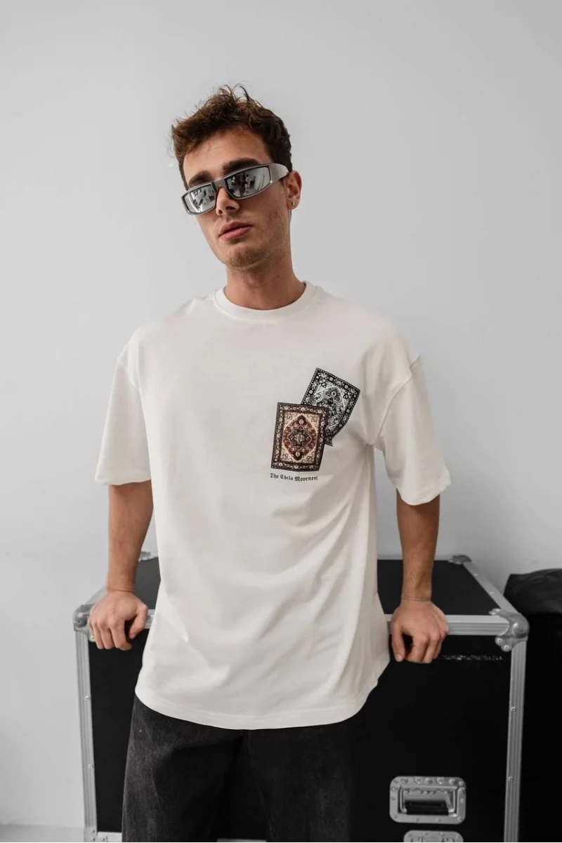 Erkek Baskılı Oversize T-shirt - Beyaz