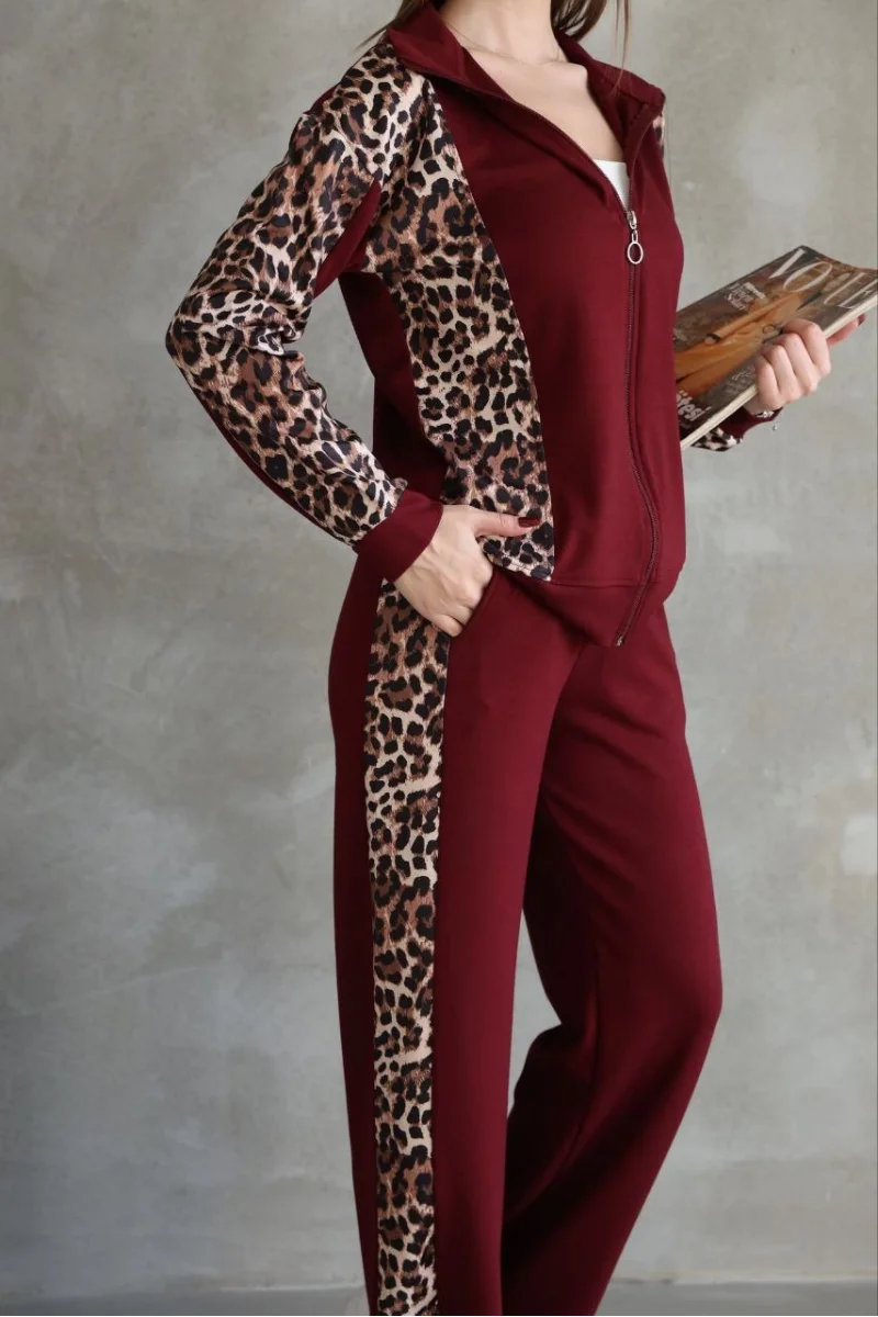 Osy Modal Yumuşak Dokulu Kumaş Kapüşonlu Leopar Desenli Fermuarlı Takım