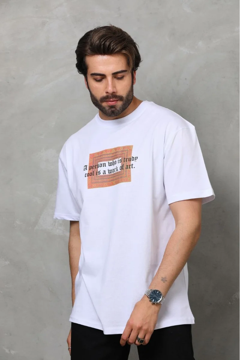 Unisex Bisiklet Yaka Baskılı Oversize T-Shirt - Beyaz 