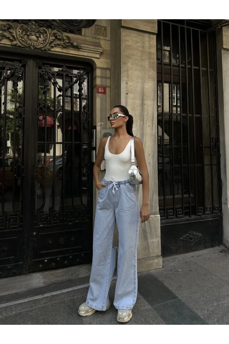 Kadın Arkadan Yırtmaçlı Jeans Kot Palazzo Pantolon - Mavi