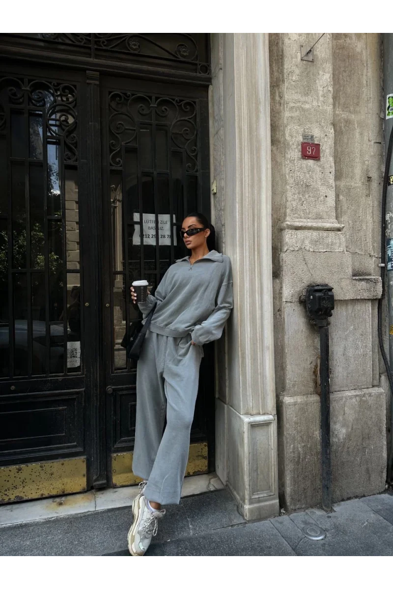 Yıkamalı iki iplik Kumaş Yakalı Fermuarlı Oversize Eşofman Takımı - Gri