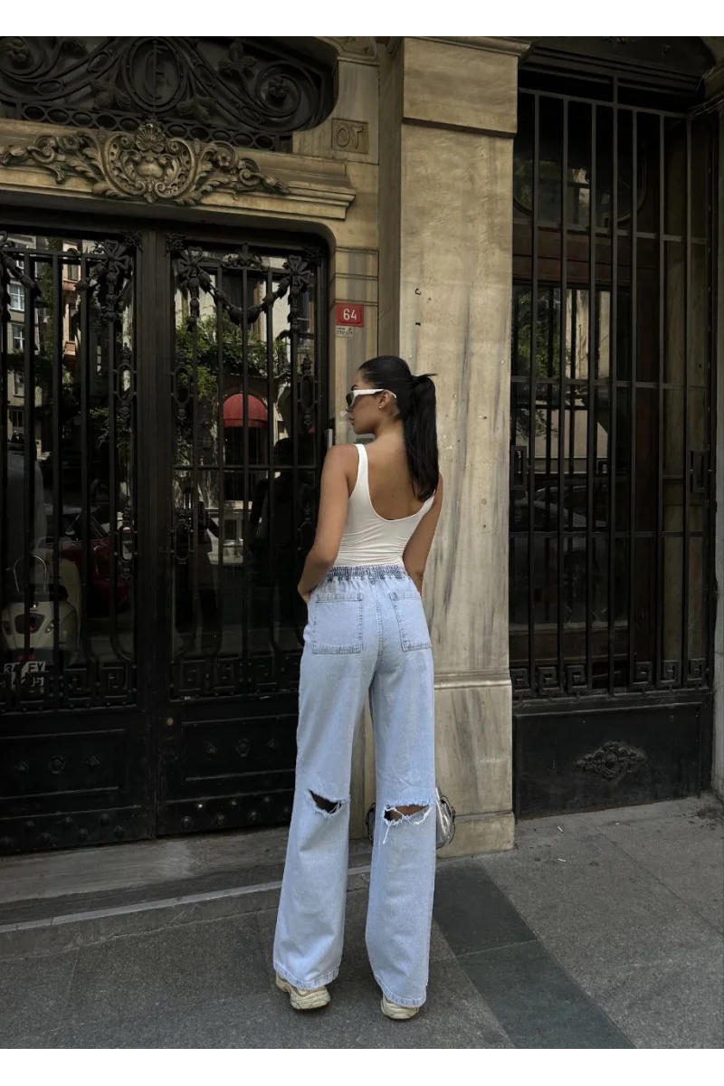 Kadın Arkadan Yırtmaçlı Jeans Kot Palazzo Pantolon - Mavi