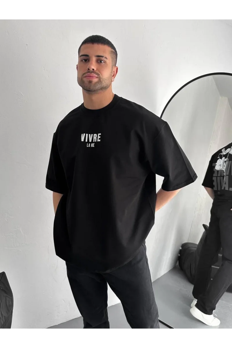 Baskılı Oversize Bisiklet Yaka T-shirt - Siyah