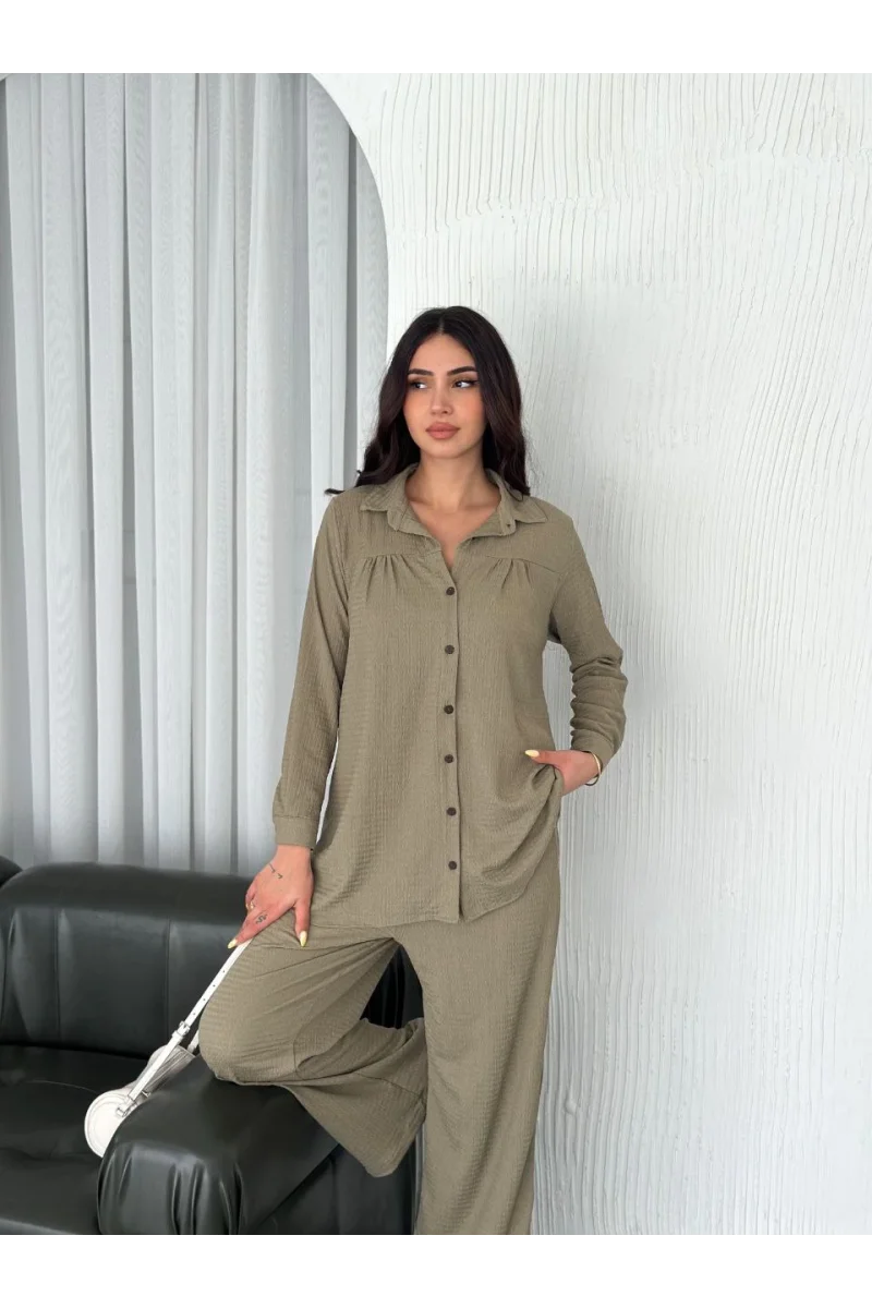 Yakalı Düğmeli Uzun Kollu Gömlek Pantolon ikili Takım - Bej