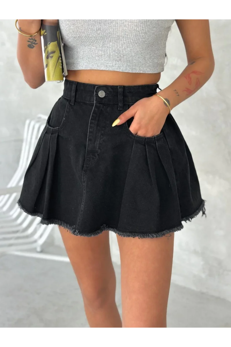 Şık Pileli Yazlık Mini Etekli Kot- Siyah