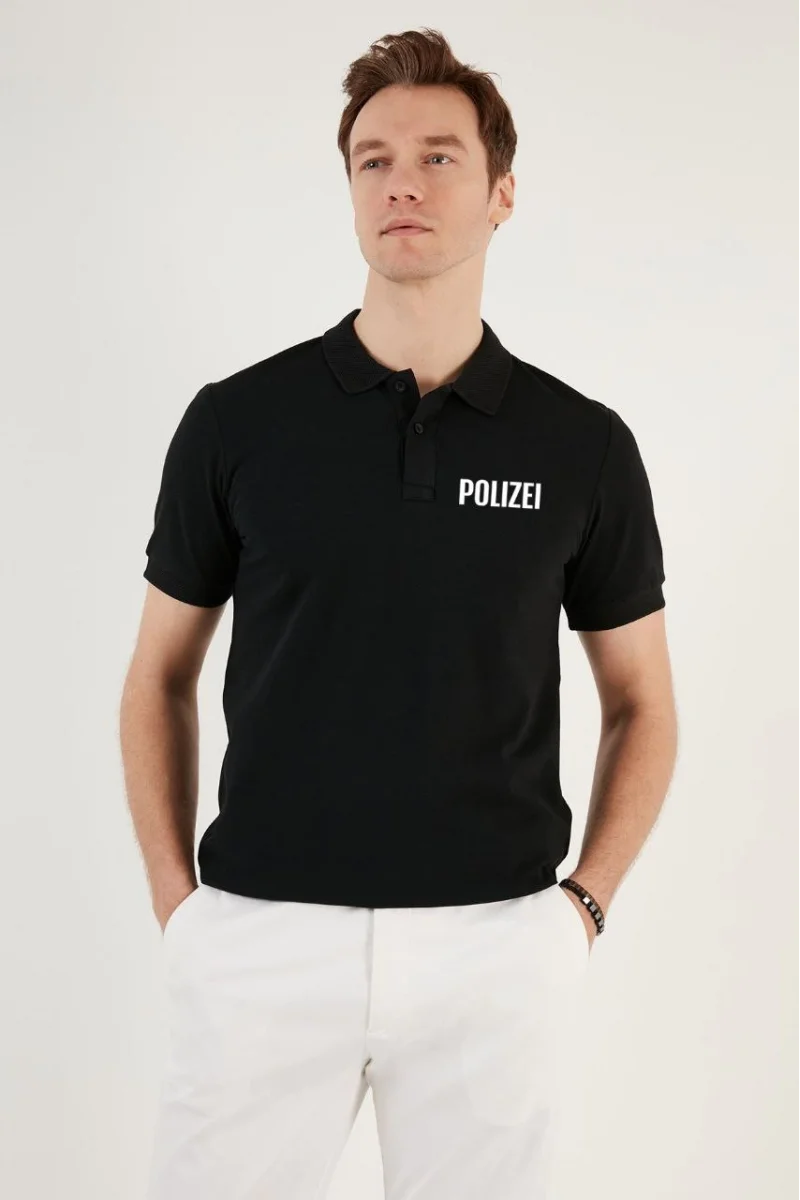 Yakası Düğmeli Yakalı Pike Baskılı T-Shirt / Siyah