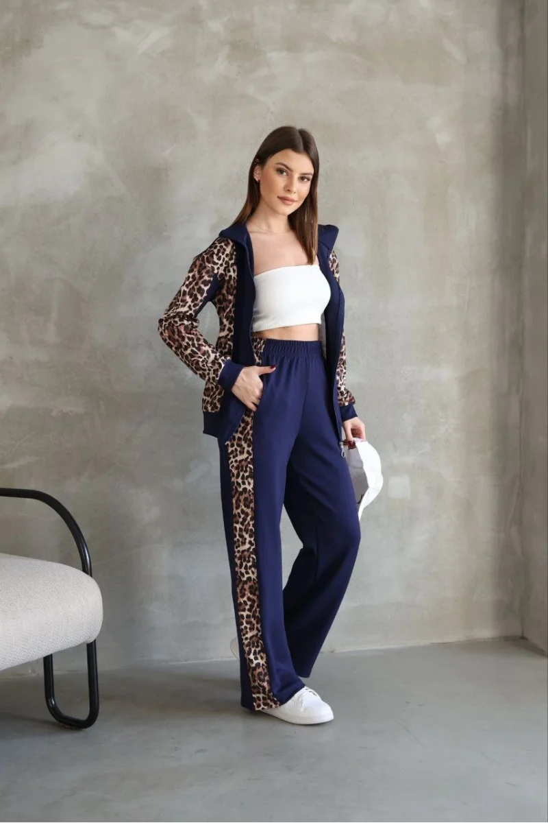 Osy Modal Yumuşak Dokulu Kumaş Kapüşonlu Leopar Desenli Fermuarlı Takım